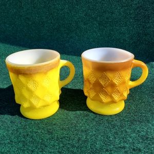 Fire King Anchor Hocking Kimberly Yellow Brown D Handle Coffee Cups 2 Set VTG